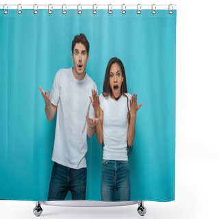 Personality  Shocked Interracial Couple Standing With Open Arms While Looking At Camera On Blue Background Shower Curtains