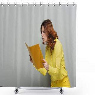 Personality  Shocked Woman In Yellow Blouse Staring At Notebook On Grey Shower Curtains