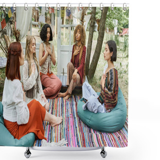 Personality  Stylish And Interracial Women In Boho Styled Outfits Meditating Together On Lawn In Retreat Center Shower Curtains