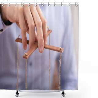 Personality  Close-up Of A Businessperson's Hand Manipulating Marionette With A String Shower Curtains