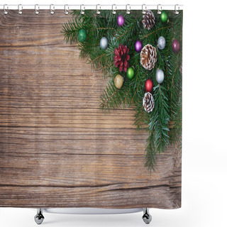 Personality  Christmas Background. Christmas Fir Tree Branch With Decoration. Copy Space, Top View, Toned Shower Curtains