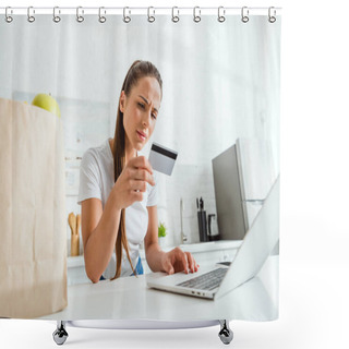 Personality  Selective Focus Of Girl Looking At Credit Card And Using Laptop  Shower Curtains