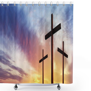 Personality  Cross Of Jesus Christ Empty Over Dramatic Sunrise Sky Panorama W Shower Curtains