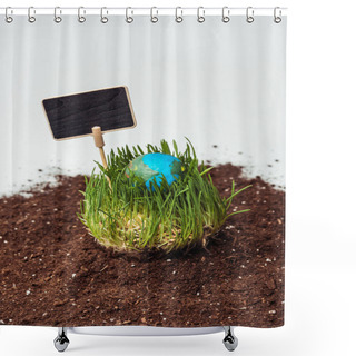 Personality  Seedling With Earth Model And Blackboard On Soil Isolated On White, Earth Day Concept Shower Curtains