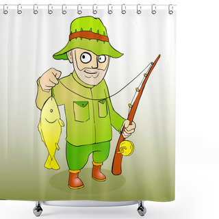 Personality  Fisherman With Rod Spinning And Fish. Vector Illustration Shower Curtains