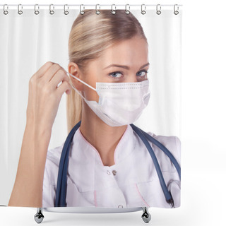 Personality  Portrait Of A Girl Doctor In A Mask. Remove Shower Curtains