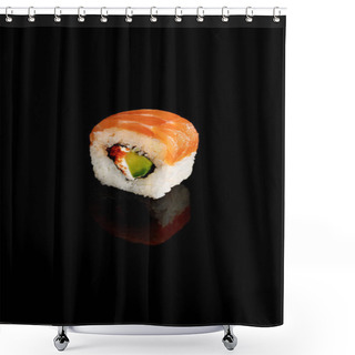 Personality  Fresh Delicious Philadelphia Sushi Piece With Avocado, Creamy Cheese, Salmon And Masago Caviar Isolated On Black Shower Curtains