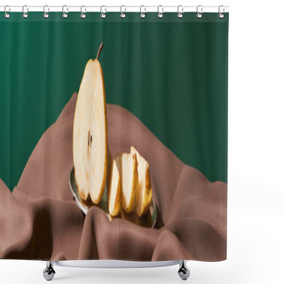 Personality  Classic Still Life With Cut Pear On Silver Plate On Table With Brown Tablecloth Isolated On Green, Panoramic Shot Shower Curtains