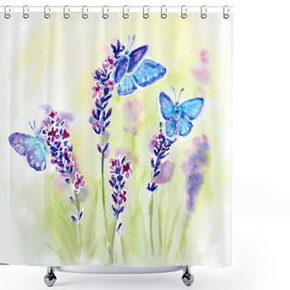 Personality  Painted Watercolor Card With Summer Lavender Flowers And Butterflies Shower Curtains