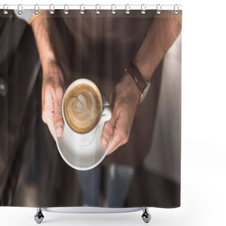 Personality  Cropped Shot Of Barista Holding Cup Of Fresh Made Cappuccino Shower Curtains