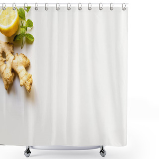 Personality  Top View Of Ginger Root, Lemon And Mint On White Background Shower Curtains