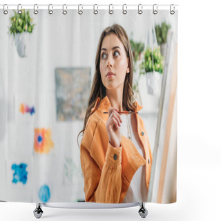 Personality  Beautiful Artist Looking Away While Standing With Paintbrush Near Easel Shower Curtains