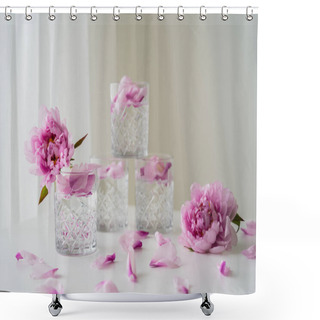 Personality  Faceted Glasses With Tonic Near Pink Peonies On White Surface And Grey Background Shower Curtains
