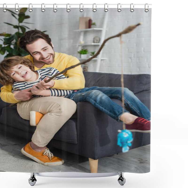 Personality  Positive Father And Son Playing Toy Fishing At Home Shower Curtains