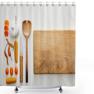 Personality  Top View Of Cutting Board With Kitchenware And Vegetables On Marble Background Shower Curtains