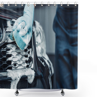 Personality  Partial View Of Car Cleaner Washing Car With Sponge And Detergent Shower Curtains