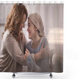 Personality  Happy Mother And Sick Adult Daughter In Kerchief Hugging And Looking At Each Other Shower Curtains