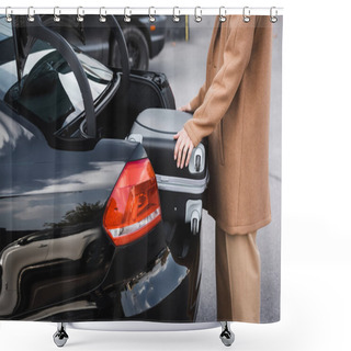 Personality  Cropped View Of Woman In Autumn Clothes Putting Suitcase In Car Trunk Shower Curtains