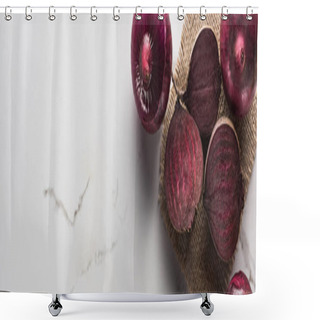 Personality  Panoramic Shot Of Beetroots And Red Onions On Marble Table With Hessian Shower Curtains