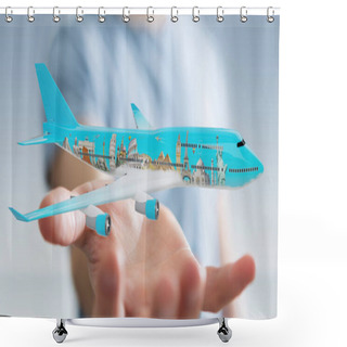 Personality  Businessman With Plane And Famous Landmarks Of The World 3D Rend Shower Curtains