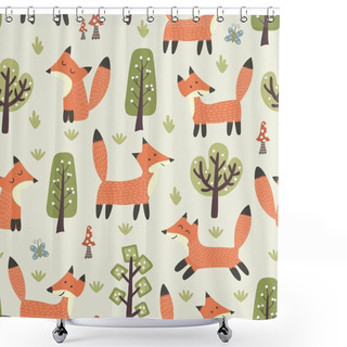 Personality  Forest Seamless Pattern With Cute Little Foxes And Trees Shower Curtains