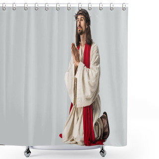 Personality  Handsome Man In Wreath Praying On Knees Isolated On Grey Shower Curtains