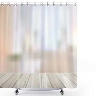 Personality  Wooden Desk Over Blurred Interior Scene Shower Curtains