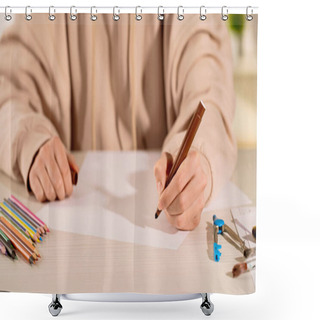 Personality  Cropped View Of Woman Holding Marker Near Paper And Color Pencils  Shower Curtains