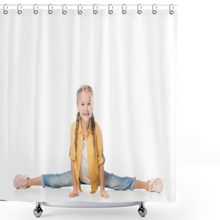 Personality  Smiling Little Kid Stretching, Doing Split And Looking At Camera Isolated On White Shower Curtains