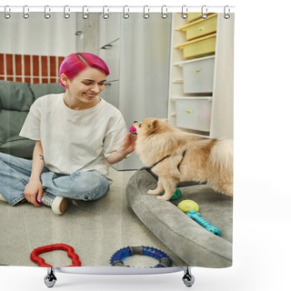 Personality  Cheerful Pet Caregiver Holding Toy And Playing With Furry Pomeranian Spitz In Cozy Dog Hotel Shower Curtains