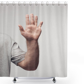 Personality  Partial View Of Man Showing Stop Gesture Isolated On Grey, Human Emotion And Expression Concept Shower Curtains