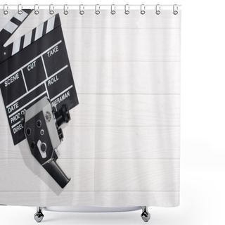 Personality  Flat Lay With Clapper Board And Retro Camera On White Wooden Tabletop Shower Curtains