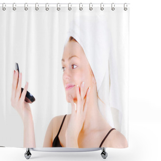 Personality  Young Woman With White Tower And Nice Manicure Is Admiring  Smooth Skin In The Looking Glass, On White Background Shower Curtains