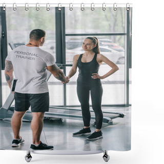 Personality  Rear View Of Male Personal Trainer And Young Sportswoman Shaking Hands At Gym Shower Curtains