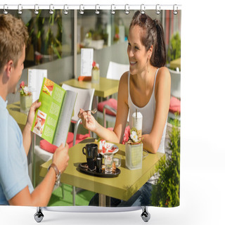 Personality  Couple Eating Looking At Menu Cafe Restaurant Shower Curtains