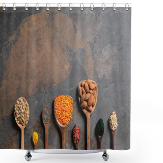 Personality  Top View Of Arranged Wooden Spoons With Superfoods And Beans On Table With Copy Space Shower Curtains