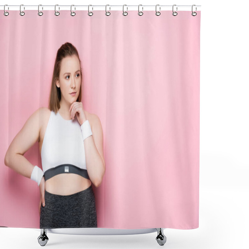 Personality  Pensive Overweight Girl Standing With Hand On Hip And Touching Chin On Pink Shower Curtains