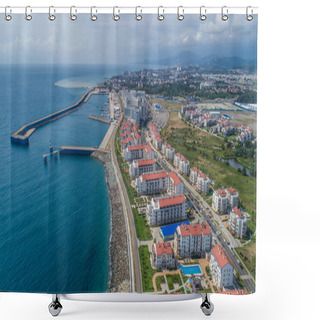 Personality  Aerial View Of Blue Coast Of Black Sea In Summer Olympic Park In Sochi. Modern House. Sea Port. Imeretinsky Resort. Drone Shot. Above. Boat. Yahts. Estate. Develop.  Shower Curtains