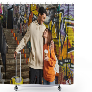 Personality  Happy Diverse Couple Embracing By Wall With Graffiti On Background, Black Man With Luggage Shower Curtains