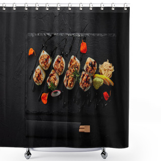 Personality  Top View Of Delicious Sushi Roll With Creamy Eel And Kimchi Mayonnaise Shower Curtains