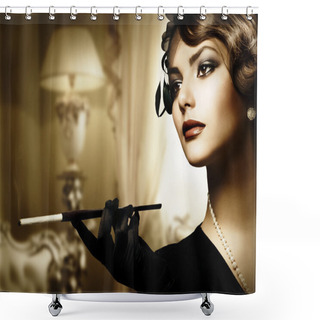 Personality  Retro Woman Portrait In Classic Interior Shower Curtains