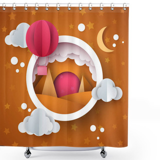 Personality  Cartoon Desert Landscape. Cloud, Air Balloon, Star, Sun, Moon. Shower Curtains