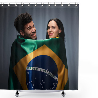 Personality  Multicultural Couple Of Positive Football Fans With Brazil Flag On Grey Shower Curtains