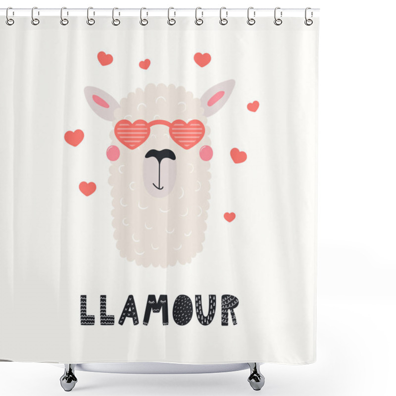 Personality  Hand Drawn Valentines Day Card With Cute Funny Llama In Heart Shaped Glasses, Text Llamour. Vector Illustration. Scandinavian Style Flat Design. Concept For Celebration  Shower Curtains