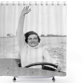 Personality  Woman Waving From Motor Boat Shower Curtains