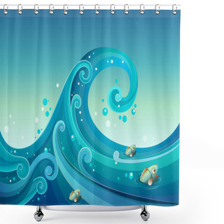 Personality  A Big Wave In The Sea With Fishes Shower Curtains
