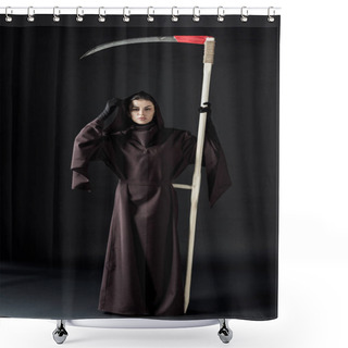 Personality  Full Length View Of Woman In Death Costume Holding Scythe On Black Shower Curtains