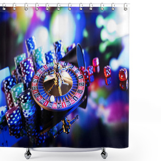 Personality  Gambling Theme.  Roulette Wheel And Poker Chips On Color Bokeh Background. Shower Curtains