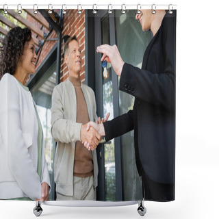 Personality  Low Angle View Of Happy Realtor Holding Key While Shaking Hands With Cheerful Man Near African American Wife Shower Curtains