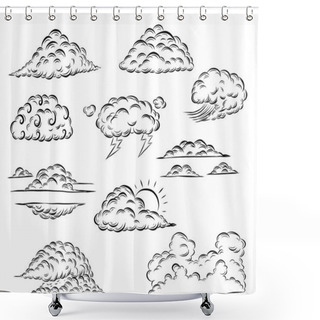 Personality  Set Of Clouds By Hand Drawing.Cloud Vector Comic Style Isolated On White Background. Cartoon Design Illustration. Shower Curtains